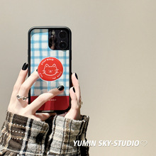 YUMIN SKY·适用蓝白格纹英文猫咪iPhone14promax苹果15Pro手机壳