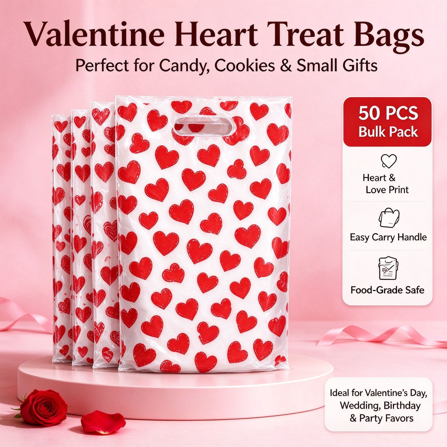 Cross-Border Valentine's Day Candy Bag, Red Heart-Shaped Gift Bag, Transparent Snack and Cookie Opp Self-Adhesive Bag, Tote Bag
