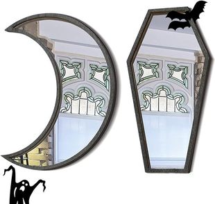 Small coffin Mirror Moon Mirror Gothic room decorative mirror black wall decoration Halloween interior decoration