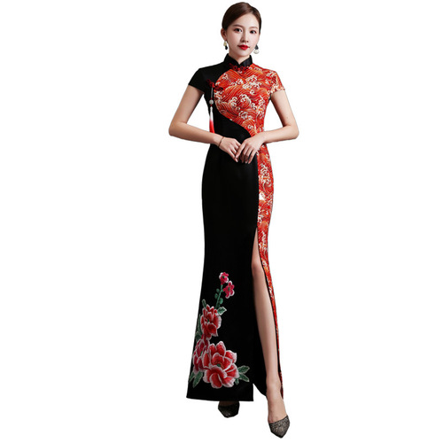 China black red blue chinese dress qipao dress wind split costumes temperament of the host party black dress