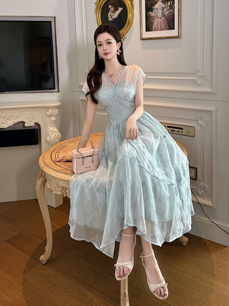 Váy maxi nữ in họa tiết cổ chữ V thắt eo phong cách hoàng gia — Màu xanh cỏ