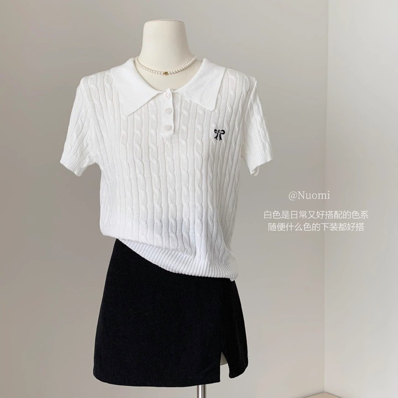 韩系纯色翻领蝴蝶结针织T恤短袖女夏季新款宽松百搭减龄防晒衫|undefined
