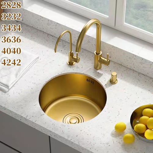 S588金色纳米圆形水槽单槽迷你小号304不锈钢吧台阳台厨房洗菜盆