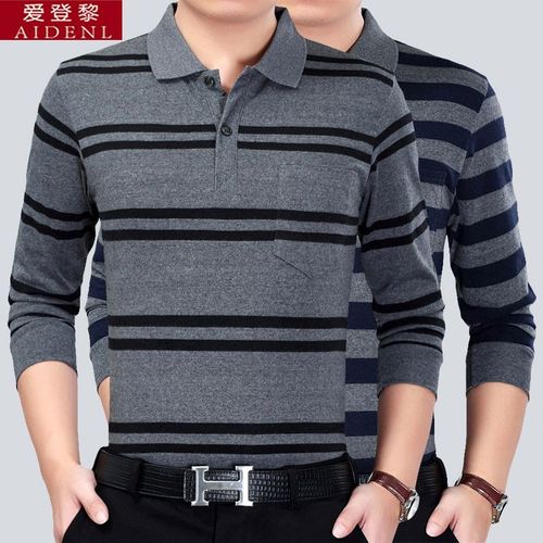 【1 Piece/2 Pieces Set】Spring and Autumn Men's Long Sleeve T-Shirt with Collar Striped Loose Base Shirt for Middle-Aged and Elderly Leisure and Health