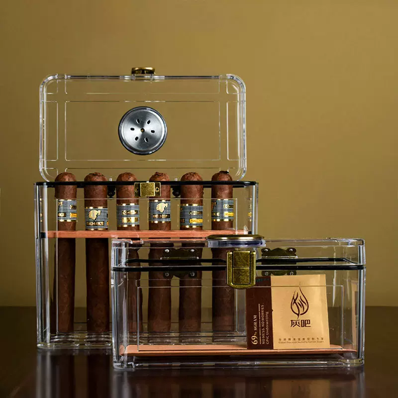 雪茄保湿盒透明亚克力雪茄保湿盒小容量醒茄醇养配雪松木便携烟盒