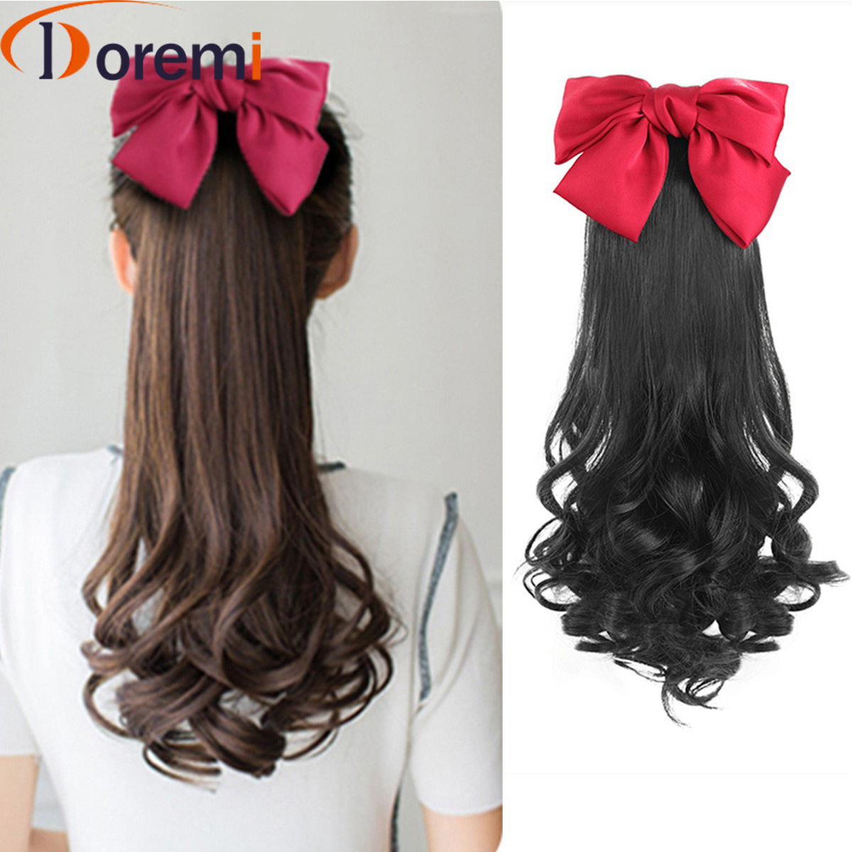 Κόκκινο φιόγκο σγουρά μαλλιά αλογοουρά χτένα γυναικεία μόδα τάση φυσικό μετάξι υψηλής θερμοκρασίας_voghion.com