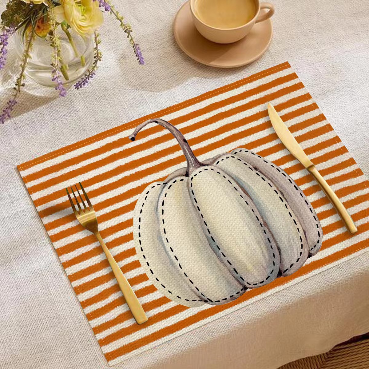 Transfronterizo temu explosión Día de Acción de Gracias otoño calabaza lino estampado conjunto lino estampado mesa de restaurante