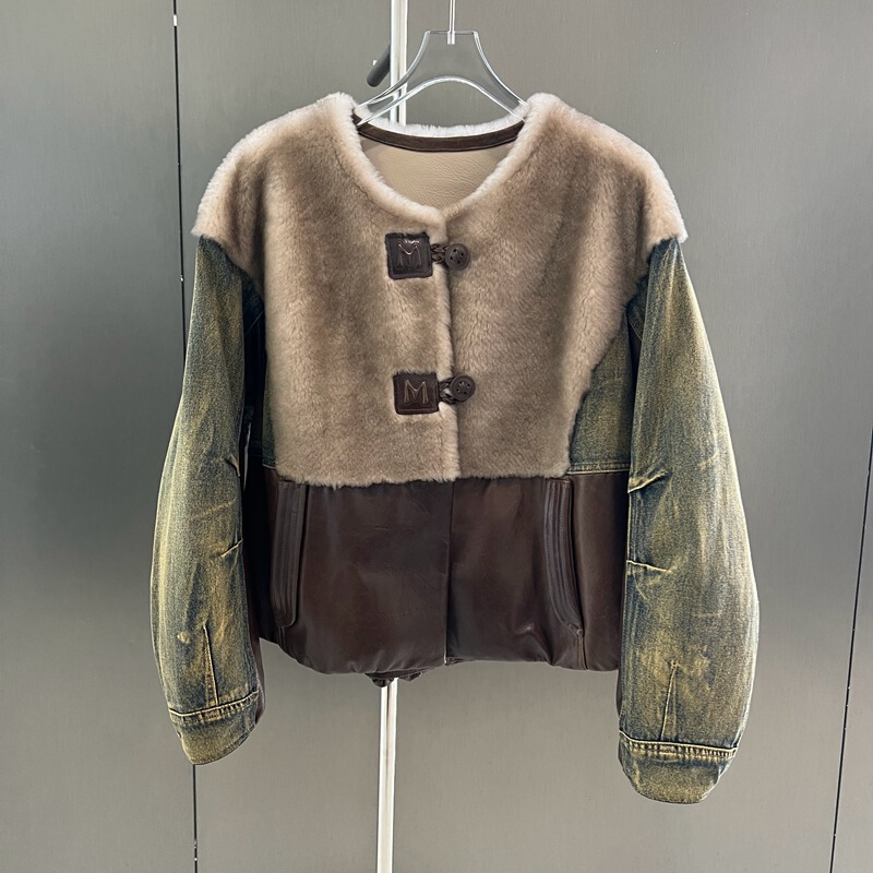 European Wool Fur One-Piece Round Neck Splicing Denim Goatskin Fur Jacket 2025 New Fashion Fur Jacket