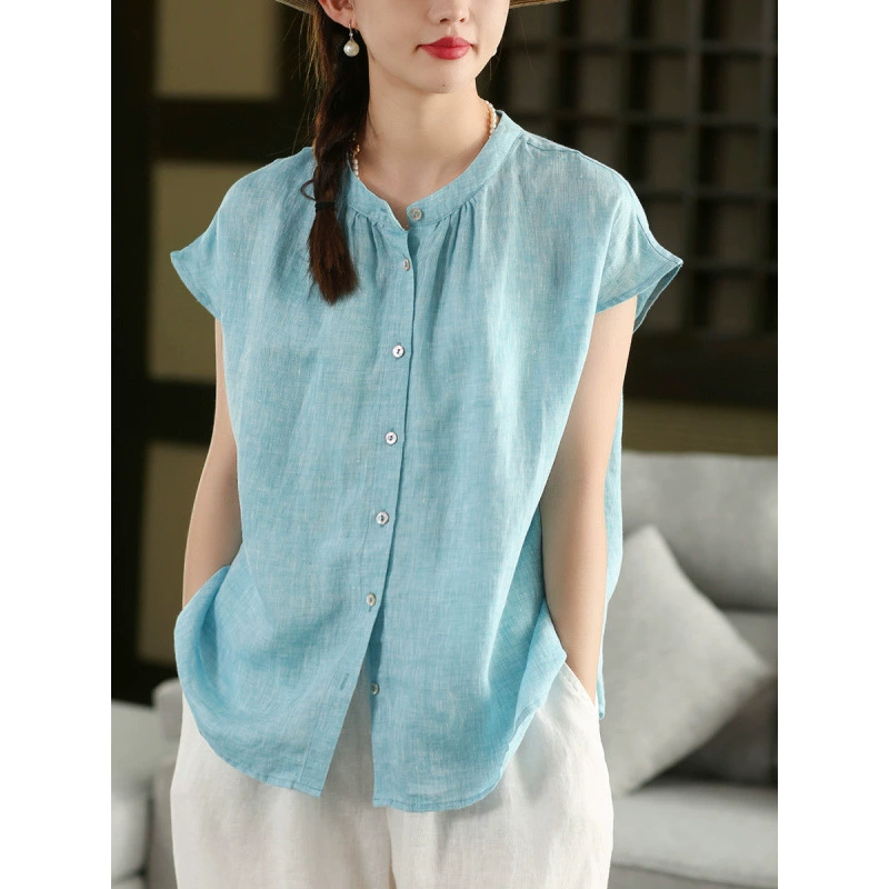 В наличии винтажная женская льняная рубашка из плотной ткани, элегантный однобортный топ с воротником-стойкой и короткими рукавами.