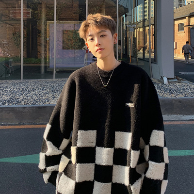 American style Chessboard grid sweater winter senior Handsome ruffian coat Chaopai Autumn and winter thickening Lazy Sweater