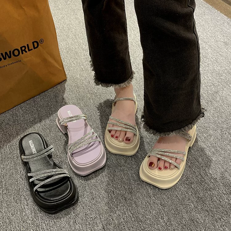 2024 новые летние стразы сосновые сандалии на толстом подошве женские туфли