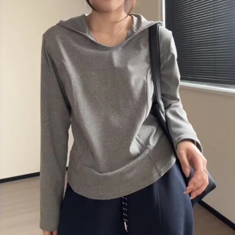 正肩鱼骨长袖t恤女春秋连帽薄卫衣大码女装胖mm显瘦秋上衣女新款|undefined