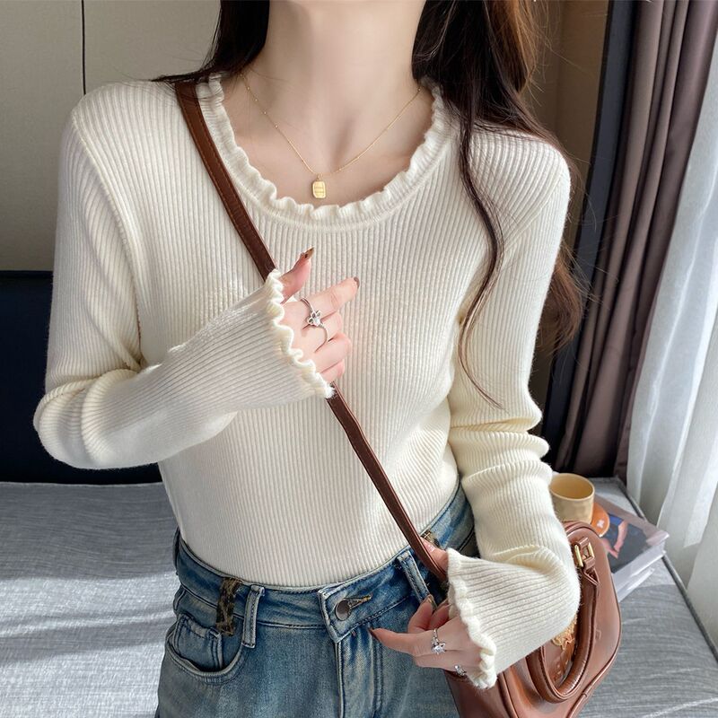 High-End and Super Nice-Looking Knitted Knitwear for Women 2025 New Early Autumn Wooden Ear Inner Bottoming Round Neck Knitwear Top