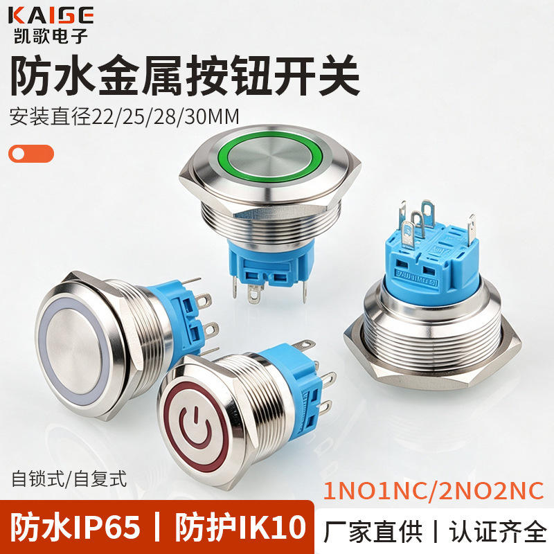 22 25 28 30mm Metal Button Self-Locking Push-Type Momentary Reset Type with Led Light Waterproof Switch