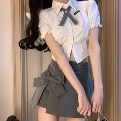 ギャルスーツ半袖シャツ上着女性夏スカート蝶結び開きa字スカートスカート2点セット