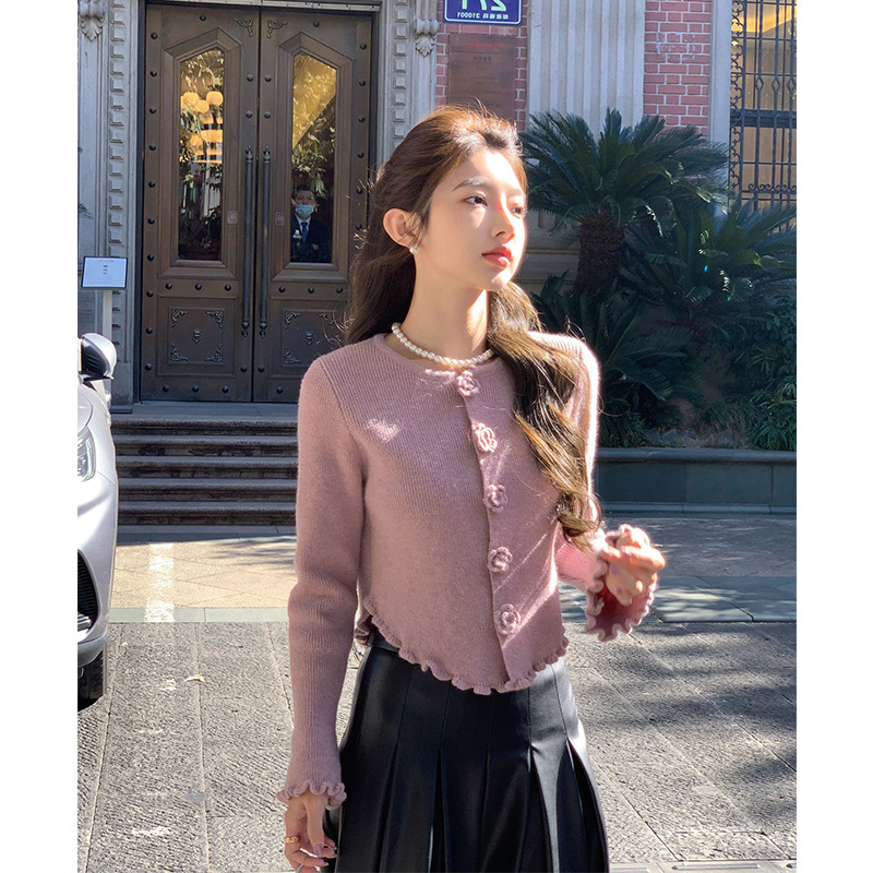 ChicShe ChicShe 2024 Cardigan lavorato a maglia color camelia viola per donna, stile coreano, inizio autunno, unico e bellissimo, cappotto corto versatile_voghion.com