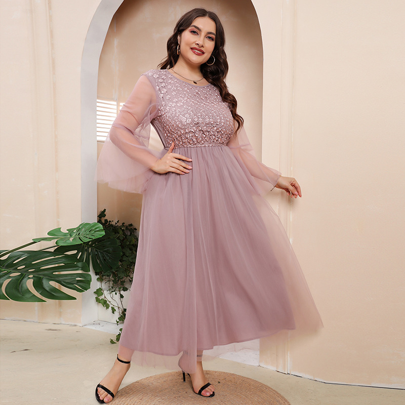 New Cross-border Hot Sale plus size Mesh Long Sleeve dress Evening Dress Women chubby girl Banquet Party French Midi Dress
