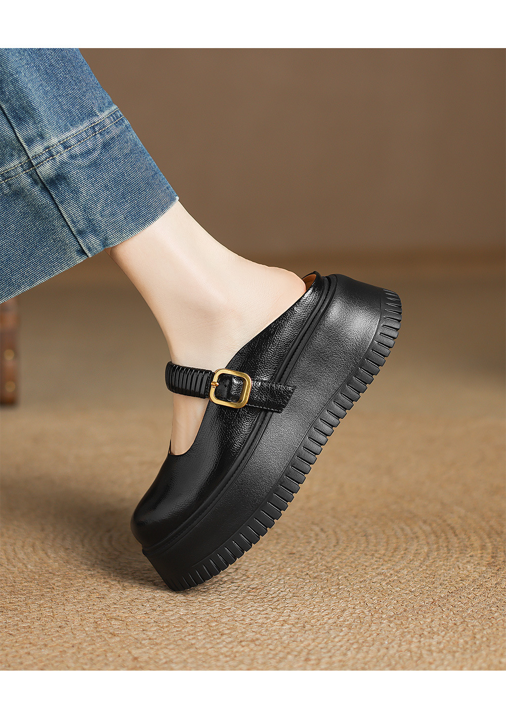 Dép sandal nữ đế dày 6cm mũi hở quai ngang Mary Jane — đen, vàng chi tiết 10