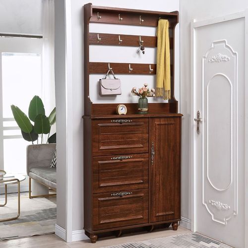 American-style ultra-thin shoe cabinet with coat rack, minimalist modern entryway cabinet for home use—features a tipping mechanism for easy shoe storage at the front door.