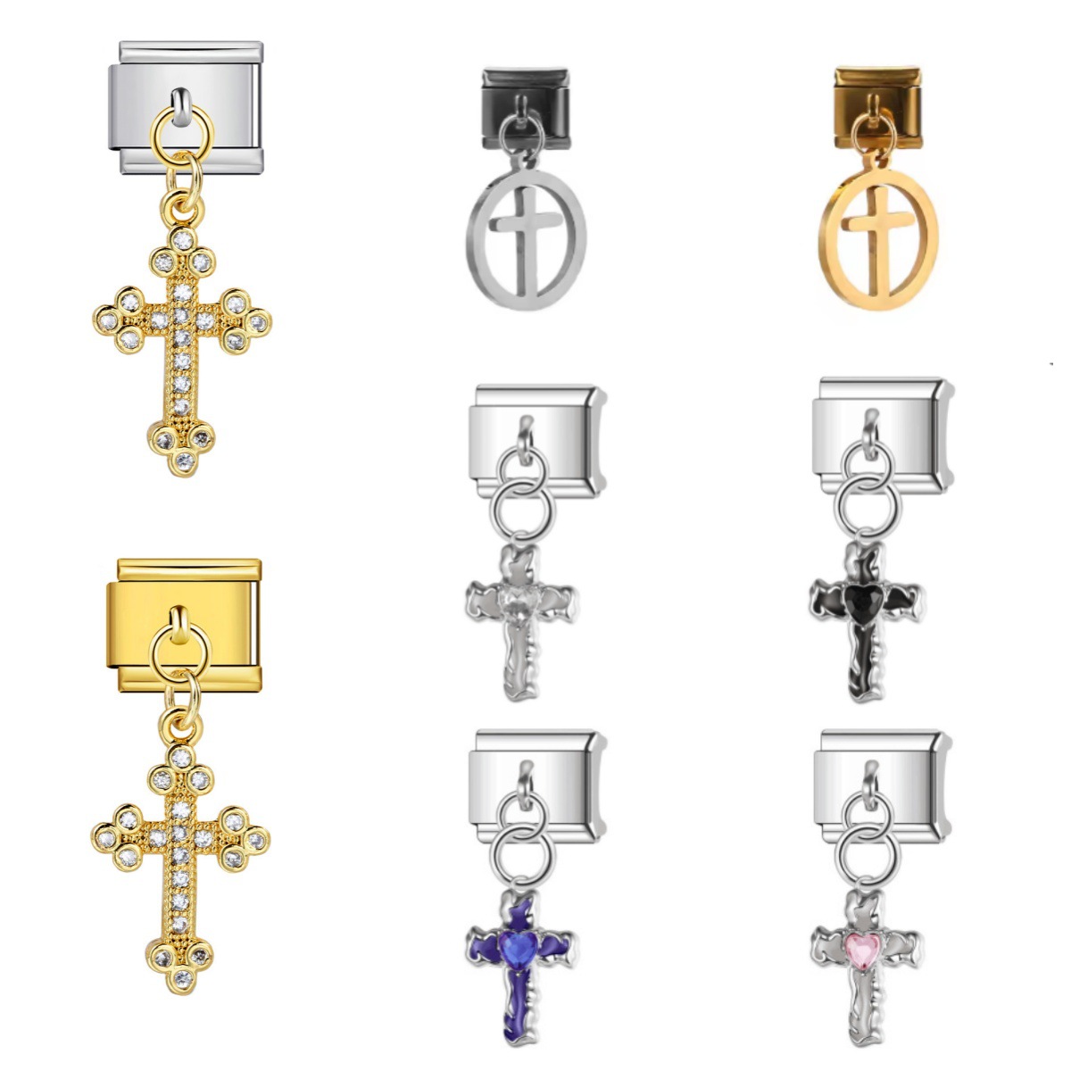 Cross Pendant Hook Style Italian Modular Bracelet DIY Elastic Splicing Stainless Steel Watch Band Chain Accessories