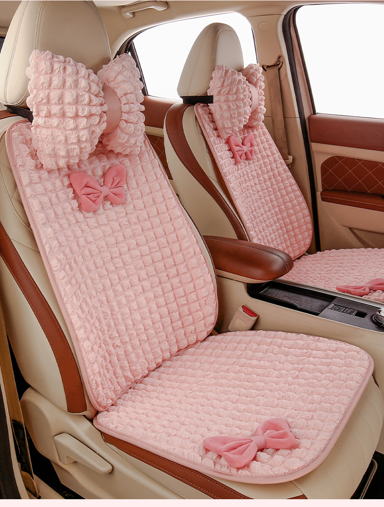 Car seat cushion summer four-season seat cover puff bow three-piece set cute plush seat cushion goddess style ice silk
