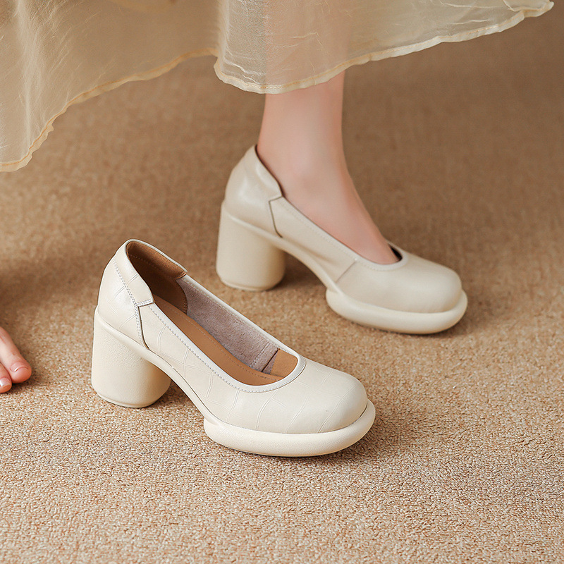 Giày cao gót nữ đế dày platform miệng nông gót vuông 8 cm — nâu chi tiết 2