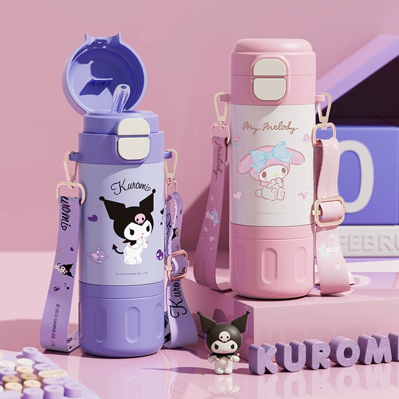 Детская термокружка Sanrio Kuromi, бутылка для воды из пищевой нержавеющей стали 316 с трубочкой, портативная для школьников, оптом для школьного использования.