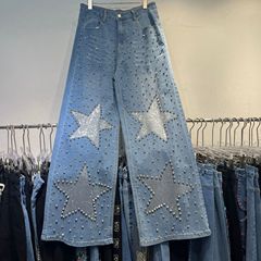 アメリカのレトロな重工の五角星はドリルのジーパンの女性の春夏の韓国版のinsの高い腰を貼ってやせているまっすぐな筒の広腿のズボンを現します。