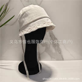 设计师立体钩花棉麻透气渔夫帽女甜美绑带盆帽户外防晒遮阳太阳帽
