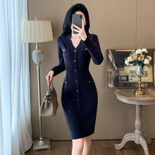 法式轻奢十三行女装秋季修身气质V领高腰针织连衣裙毛衣打底A字裙