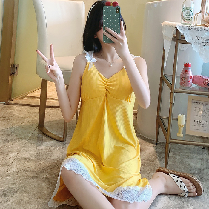 2023 pijamas de verano encaje hilo Honda pecho pad camisón de las mujeres de longitud media color sólido cuello en V dulce hogar comercio exterior