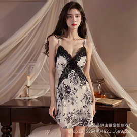酥情性感内衣火辣纯欲印花缎面蕾丝女睡裙外袍家居诱惑套装