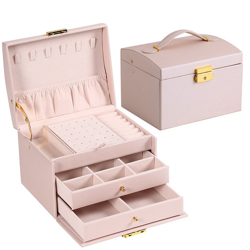 Caja Organizadora de Joyas de 3 Capas de Cuero con Cajón y Cierre