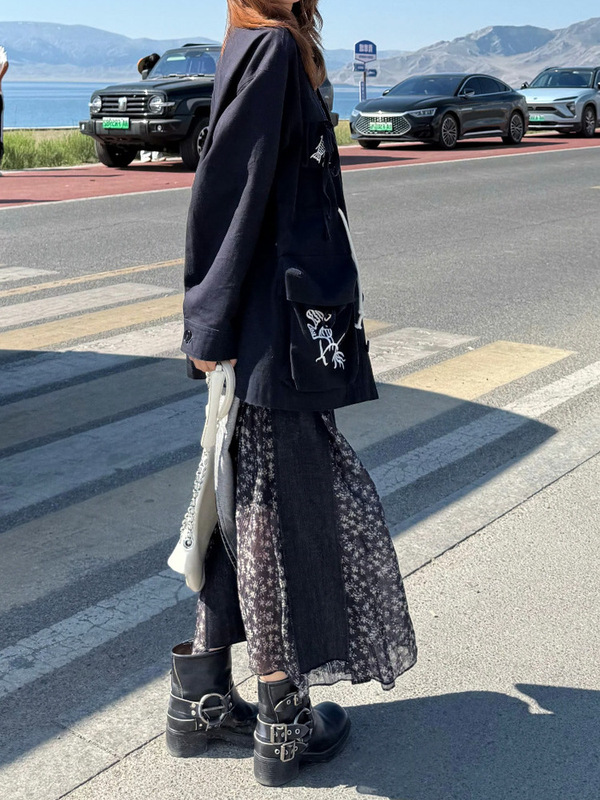 日系设计感不规则撞色格纹碎花牛仔拼接半身裙秋冬新款高腰a字裙|undefined