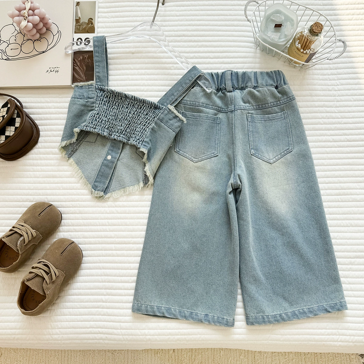 Denim summer set, top with cups, children's trousers