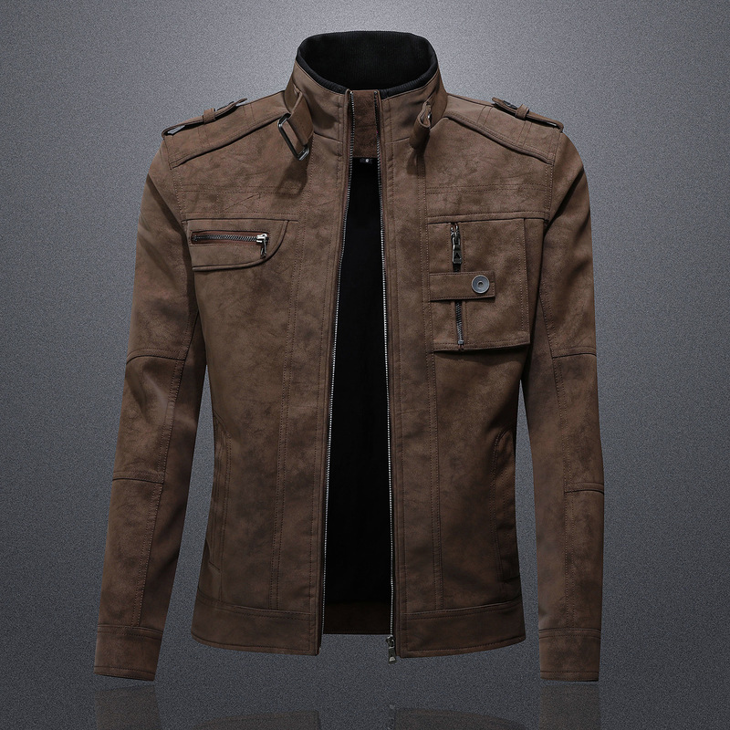 Cross-Border Popular 2025 New Men's Suede Pu Leather Jacket Stand Collar Motorcycle Jacket Autumn and Winter Trendy Brand Retro Jacket
