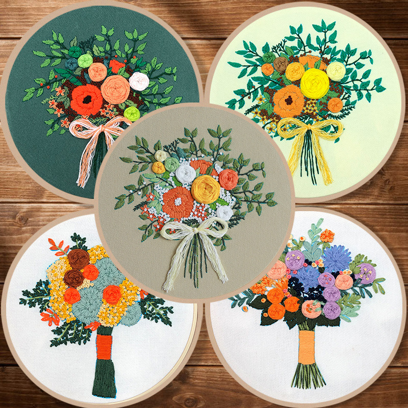 Original-nuevo bordado DIY flor hecha a mano paquete de material de tela fábrica creativa en stock incluido tutorial