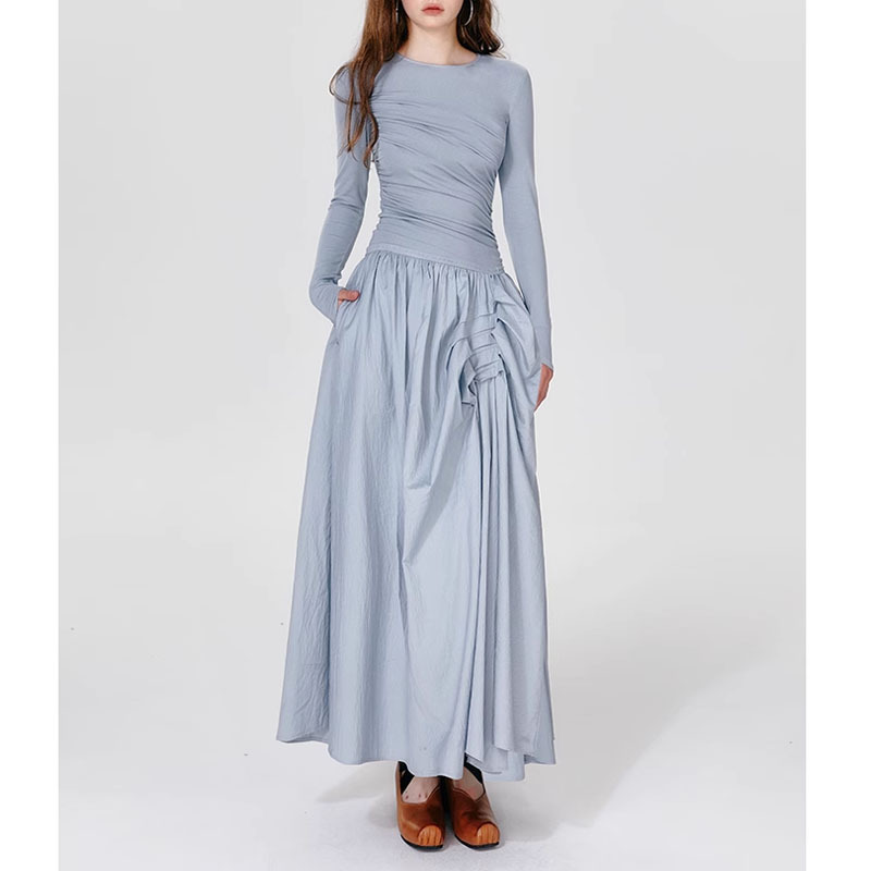 Mint Non-Cool Ballet Style Round Neck High-End Asymmetrical Pleated Long-Sleeved Dress A-Line Skirt Long Style 2025 Autumn