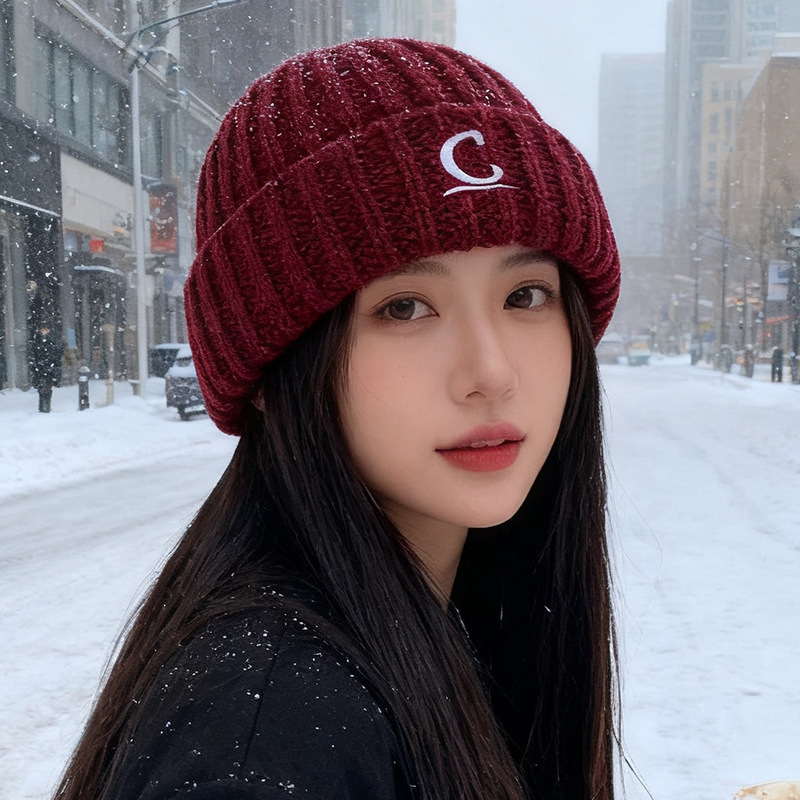 秋冬保暖针织毛线帽子男女韩版C字母刺绣瓜皮帽显脸小情侣冷帽潮|undefined