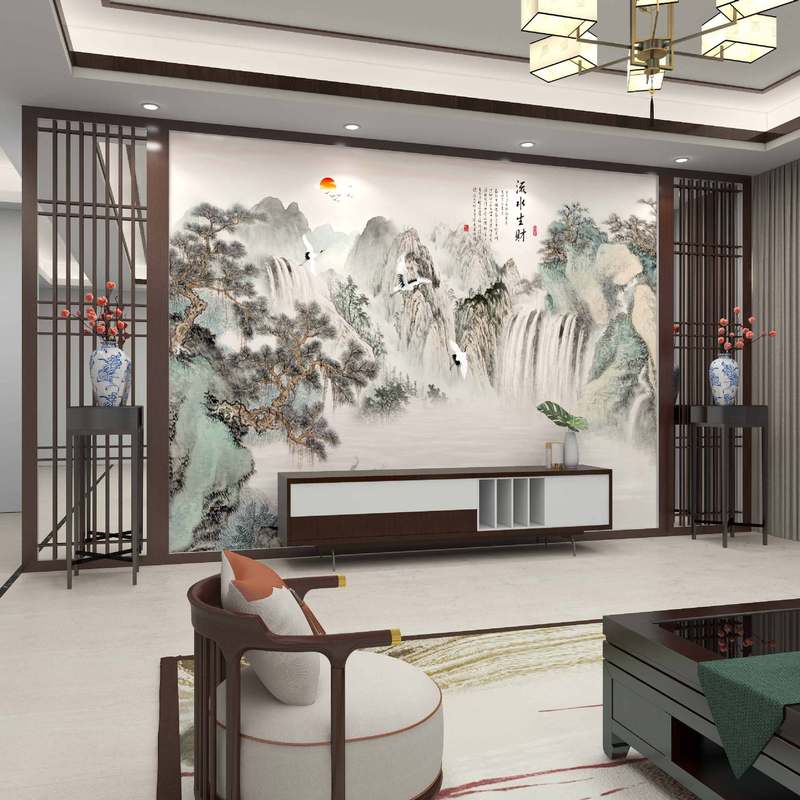 电视背景墙壁画新中式山水画流水生财壁布3D立体壁纸客厅影视墙布|undefined
