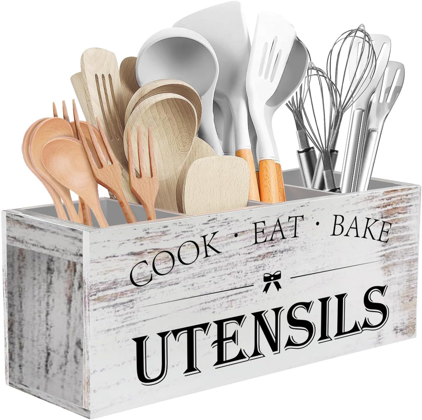 厨房用具支架,带 4 个隔层,木制餐具收纳盒,适用于厨房