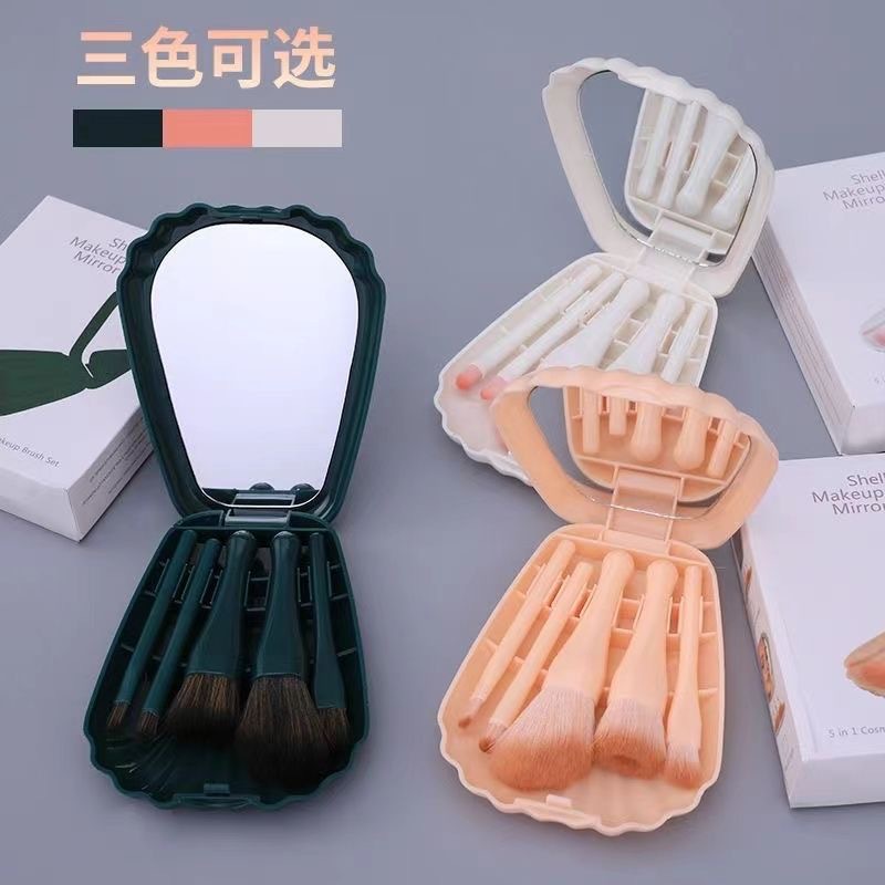 Juego de 5 pinceles de maquillaje de concha con espejo Cepillo de sombra de ojos para principiantes Cepillo de rubor Cepillo de reparación Cepillo de maquillaje portátil