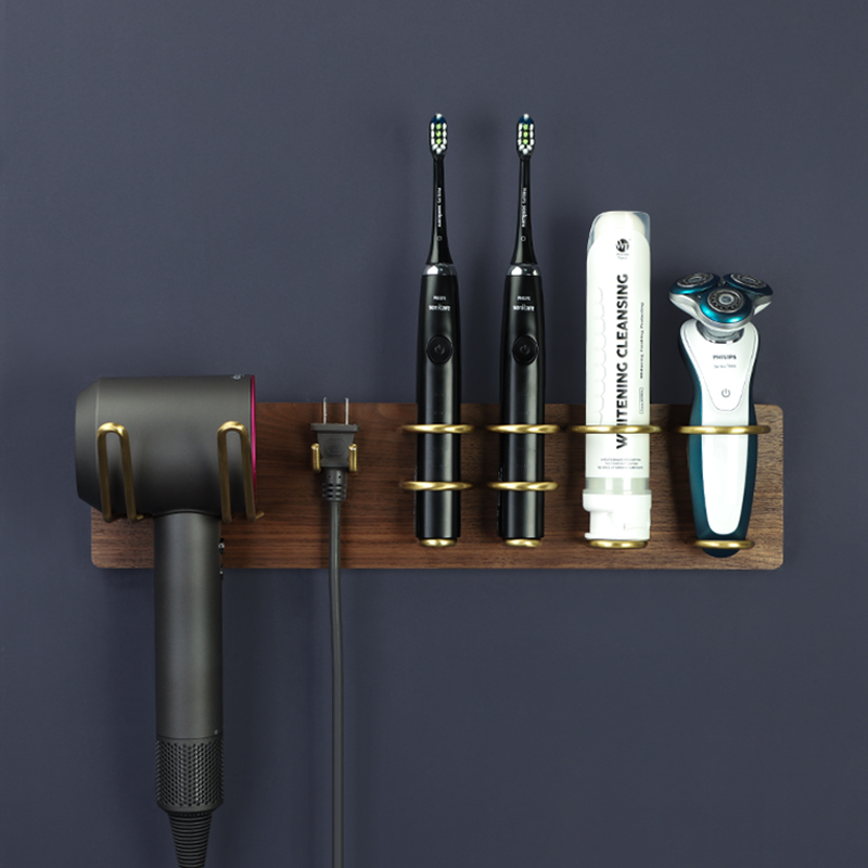 블랙 호두 원목 다이슨 헤어드라이어 걸이 일본식 칫솔 치약 보관함 면도기 벽걸이형 보관 브래킷