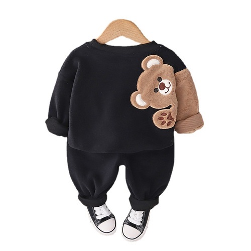 Small and medium-sized children's clothing autumn and winter new men's and women's baby children's clothing casual plus velvet suit round neck long-sleeved sweatshirt two-piece set