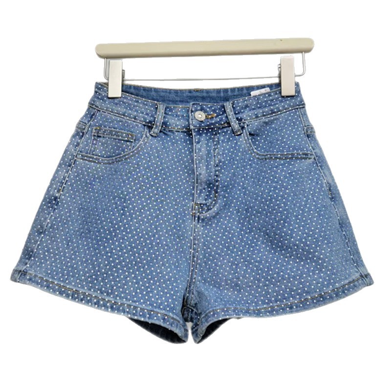Pantalones Cortos de Mezclilla Ajustados de Tiro Alto con Pedrería