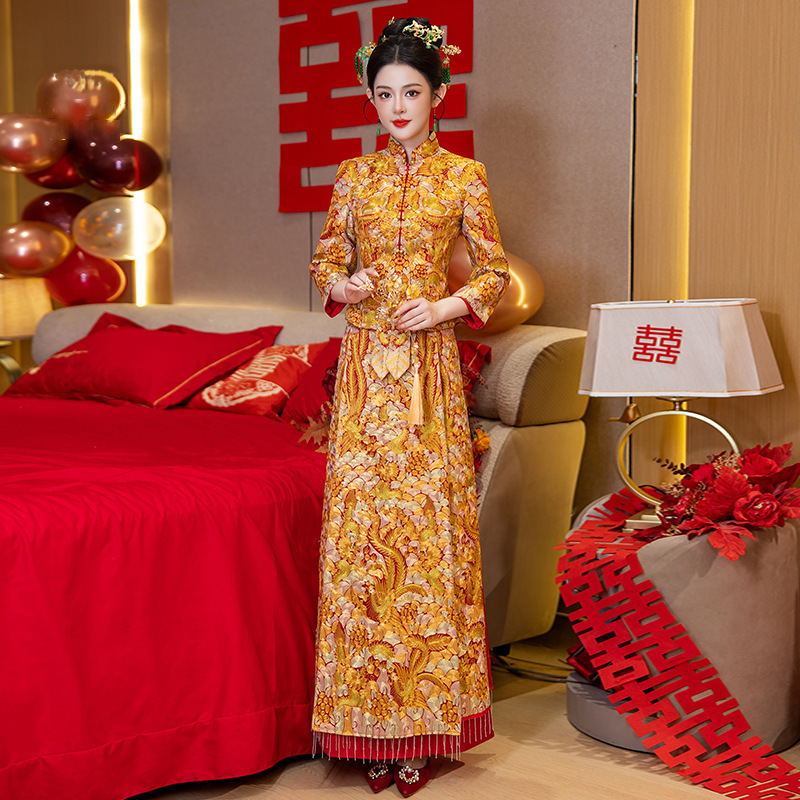 Dragon and Phoenix Gown, Xiuhe Dress, Bride's 2026 New Model, Golden Chinese-Style Wedding Dress, Toast Dress, Wedding Attire, Wedding Dress