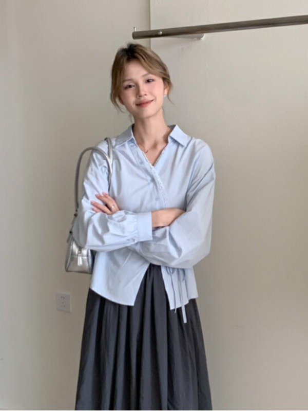 法式气质蕾丝边长袖衬衫女秋季外搭设计感小众侧绑带漂亮小衫|undefined