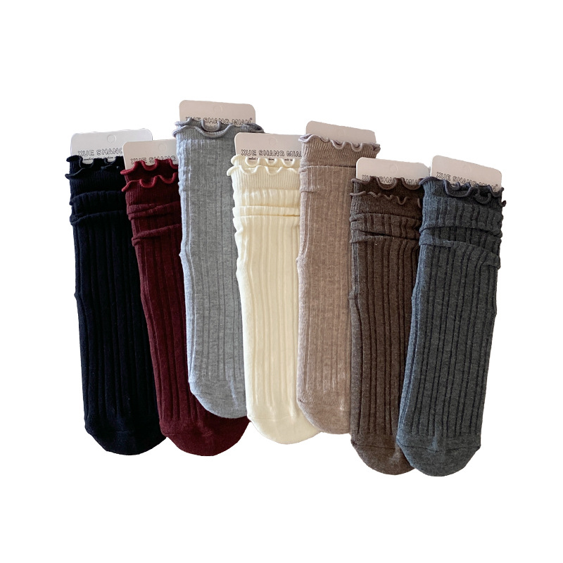 Mulberry calcetines mujeres primavera y otoño de color sólido dulce pilas verticales pilas en la moda japonesa universidad tubo de viento y calcetines de algodón