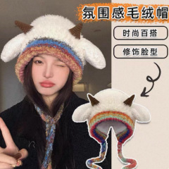 秋冬季双层加绒保暖韩版包头帽可爱小羊耳朵亲子款针织毛线帽子女