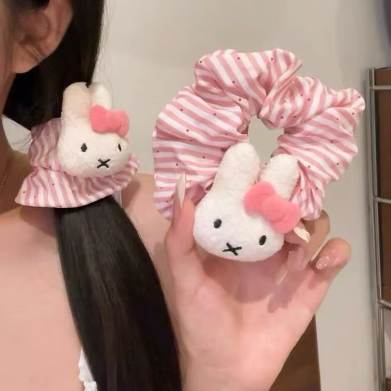 卡通粉色条纹戴眼镜米菲兔发圈少女马尾花苞大肠圈甜美丸子头发绳|undefined